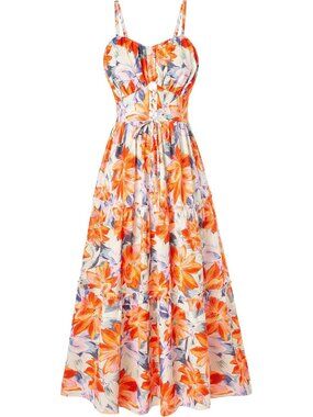 Women's Orange Yellow Boho Floral Maxi Sundress Summer Beach Flowy Dress
